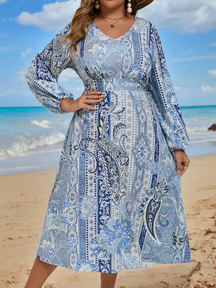 SHEIN VCAY 秋季女士大码 V 领长袖花卉印花连衣裙 - 彩色 - 查看 1