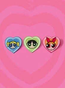 The Powerpuff Girls | ROMWE Set de 3 broches con forma de corazón personalizados con los personajes de caricatura lindos Blossom, Bubbles y Buttercup, para ropa y accesorios de bolsos, unisex, perfecto para San Valentín, mamá, madre, Día de la Madre, regalo