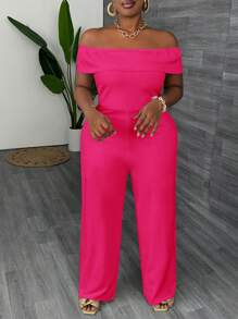 Slaydiva Plus Size Elegant Solid Color Off-Shoulder Slim Fit Jumpsuit For Women, White, Summer