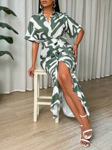 SHEIN Clasi Váy sơ mi xếp ly tay ngắn in họa tiết hình học thanh lịch cho nữ mùa hè - Nhiều màu - Xem 4