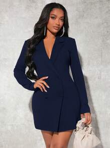 SHEIN SXY Đầm Blazer công sở dài tay cổ khoét cho nữ - Màu xanh hải quân - Xem 3