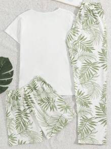 RueChic 3 peças/conjunto feminino algodão plantas imprimir pijamas & shorts e bolso detalhe homewear pijama conjunto