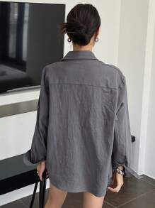 DAZY Casual Solid Color Drop Shoulder Loose Long Sleeve Shirt, Spring Summer,Fall Clothes - Grey - View 2