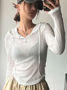 DAZY Women's Spring/Summer Casual Solid Color Drawstring Hooded Slim Fit T-Shirt Long Sleeve Women Tops - White - View 2