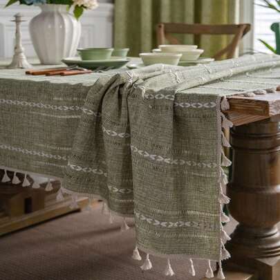 Bubaba 1pc Solid Color Embroidered Rectangular Tablecloth, Bohemian Minimalist Linen White Knitted Embroidery Beige Tassel Decor Dust-Proof Table Cover, Suitable For Kitchen, Dining Table, Coffee Table, Bedroom, Outdoor Party, Wedding All Season