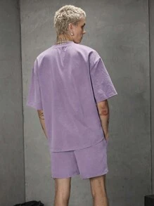 Manfinity UZERO 2pcs Men's Knitted Loose Casual Crew Neck Short Sleeve T-Shirt And Drawstring Waist Straight Shorts Set, Summer