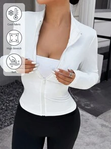 SHEIN EZwear 秋冬白色针织前拉链长袖女外套 - 白色 - 查看 1