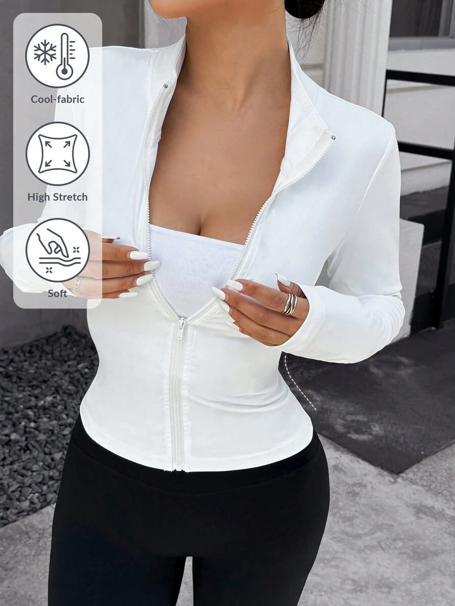 SHEIN EZwear 秋冬白色针织前拉链长袖女外套 - 白色 - 查看 1