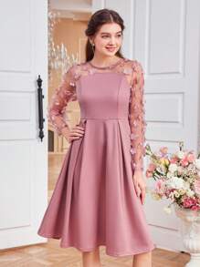 SHEIN Leap Crew Thiếu niên cô gái Đan Màu thuần 3D Hoa Lưới Sợi Viễn cảnh Đầm - Hồng - Xem 2