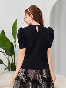 SHEIN Blusa elegante con mangas globo, cuello con cuentas y tejido de punto negro para adolescentes - Negro - Ver 4
