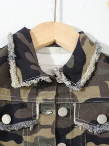 SHEIN Girls' Washed Soft Camouflage Print Denim Jacket - Army Green - View 3