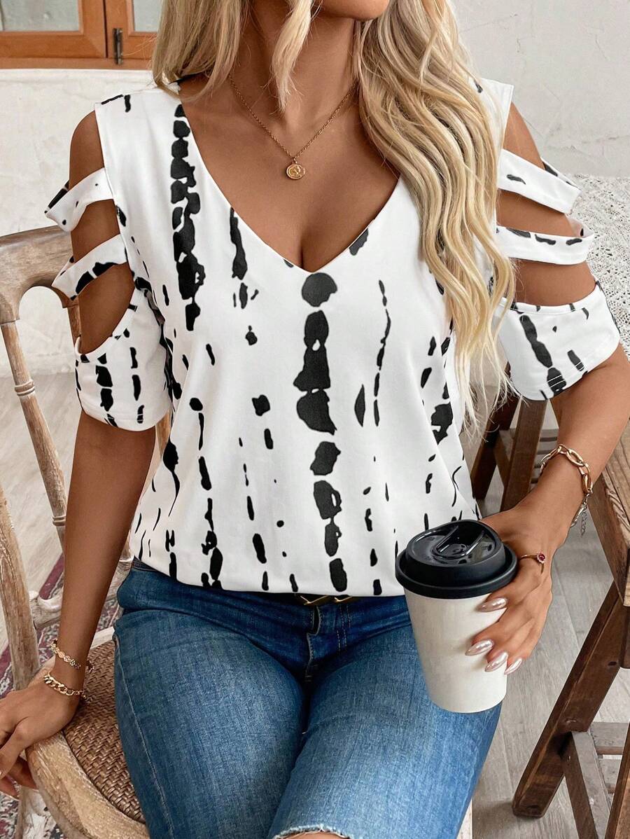 SHEIN LUNE Summer Casual Tie Dyeing Print Hollow Out V-Neck T-Shirt - White - View 1