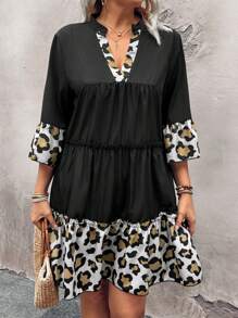Plus Size Leopard Print V-Neck Ruffle Hem Casual Dress - Multicolor - View 4