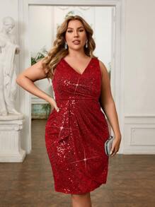 SHEIN Belle Plus Size Oversized Emerald V-Neck Sequined Asymmetrical Wrap Elegant Party Dress, Cocktail Semi Formal Prom Dress, For Birthday, Wedding Guest, Graduation, Dinner, Homecoming - Red - View 5