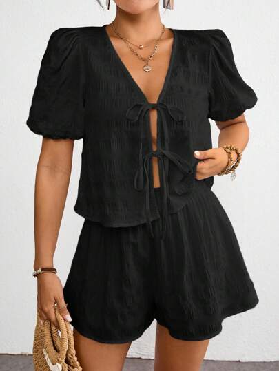 SHEIN VCAY 女士夏季纯色前系带衬衫短裤套装，短袖衬衫短裤两件套