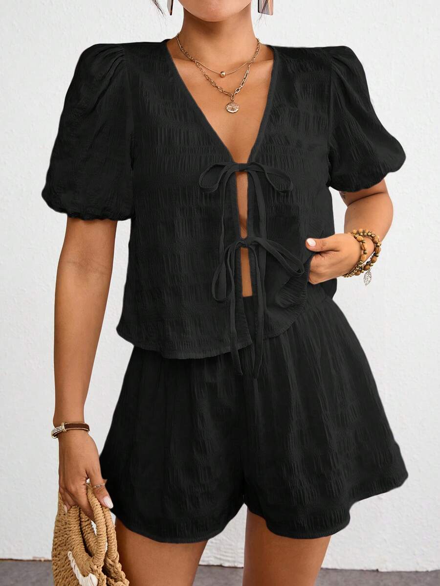 SHEIN VCAY 女士夏季纯色前系带衬衫短裤套装，短袖衬衫短裤两件套 - 黑色 - 查看 1
