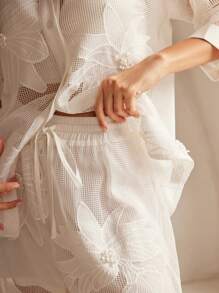 Anewsta 2pcs Set French Romantic White Hollow Embroidery Floral Casual Outfit - White - View 2