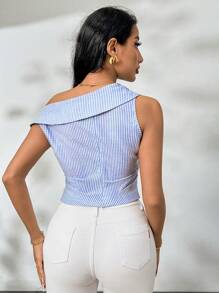 SHEIN Privé Plus Size Women's Asymmetric Collar Asymmetrical Hem Zipper Closure Striped Print Sleeveless Shirt, Summer - Blue and White - View 2