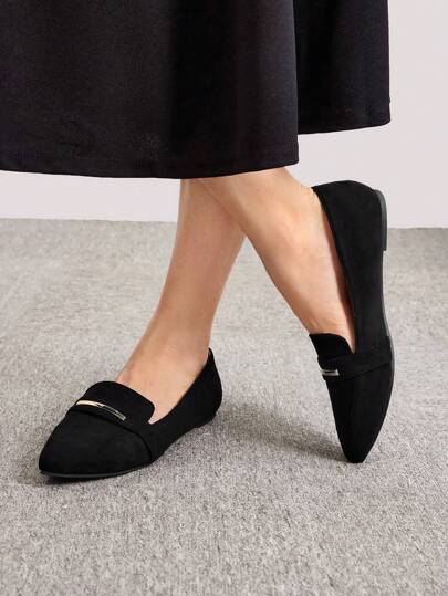 CUCCOO BIZCHIC Women Metal Decor Loafers, Elegant Faux Suede Black Flats For Summer Vacation Shoes Summer Back To School Shoes College Student Shoes Elegant Basics Business Casual Business Chic Spring Shoes Spring Break Easter For Christmas