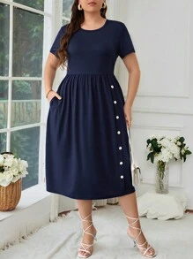 SHEIN CURVE+ Plus Size Hidden Pocket Bow Side A-Line Dress - Navy Blue - View 1