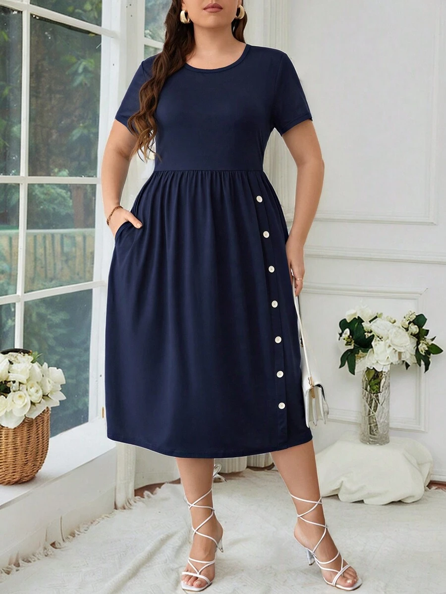 SHEIN CURVE+ Plus Size Hidden Pocket Bow Side A-Line Dress - Navy Blue - View 1