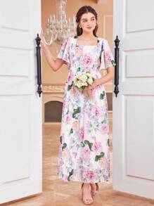 SHEIN Teen Girl's Woven Square Neck Floral Printed Dress