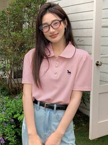 DAZY 女士纽扣圆领短袖休闲修身优雅甜美舒适 Polo 衫夏季