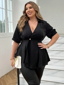 Celure Plus Size Summer Casual Solid Color Wrap Waist Blouse