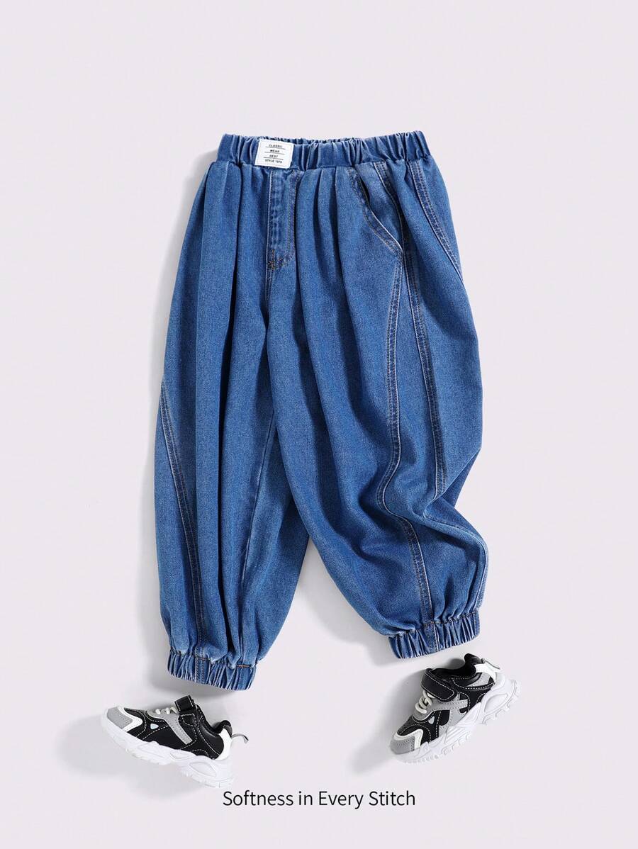 Cozy Pixies 年轻男孩字母贴袋休闲牛仔慢跑裤 - 中等水洗藍 - 查看 1