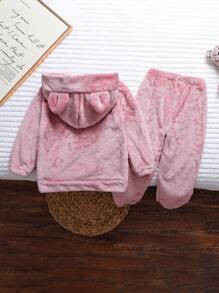 女童法兰绒卡通连帽长袖休闲两件套睡衣套装，冬季 - 粉色 - 查看 2