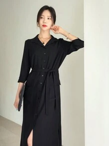 DAZY 女式纯色前扣开衩长款优雅黑色衬衫裙，秋季服装 - 黑色 - 查看 6