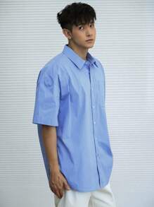 DAZY Men's Summer Striped Short Sleeve Pocket Casual Loose Shirt Back To School - Blue - View 4