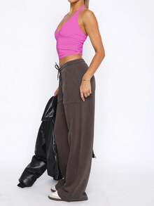 Women's V-Neck Halter Solid Color Casual Top - Hot Pink - View 6