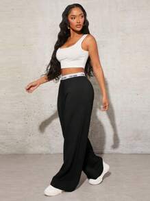 SHEIN SXY Women's Simple Letter Print Patchwork Casual Wide Leg Black Sweatpants - Black - View 8