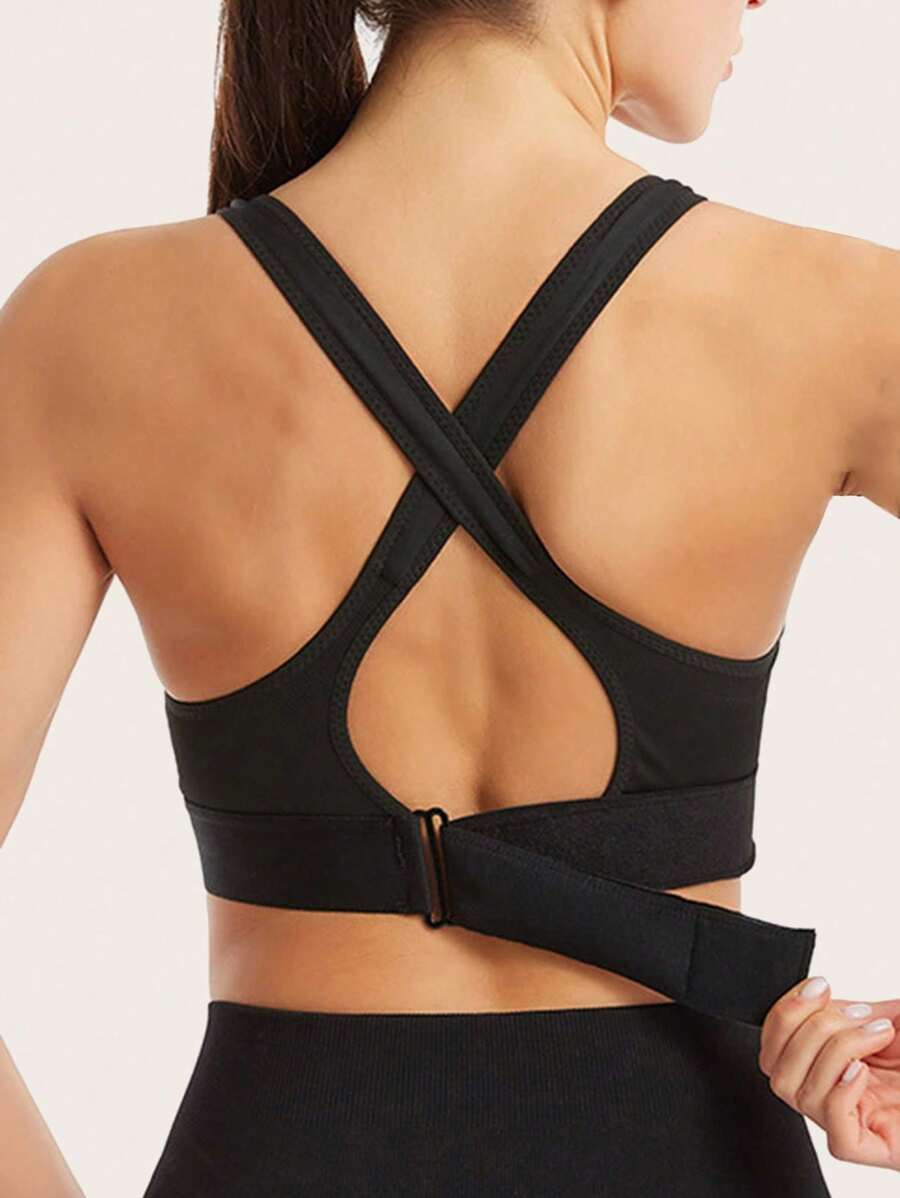 Women's Black Front-Zip Sports Bra, Wire-Free, Back Beauty, Push-Up, Yoga Sexy Bra, Lingerie - Black - View 1