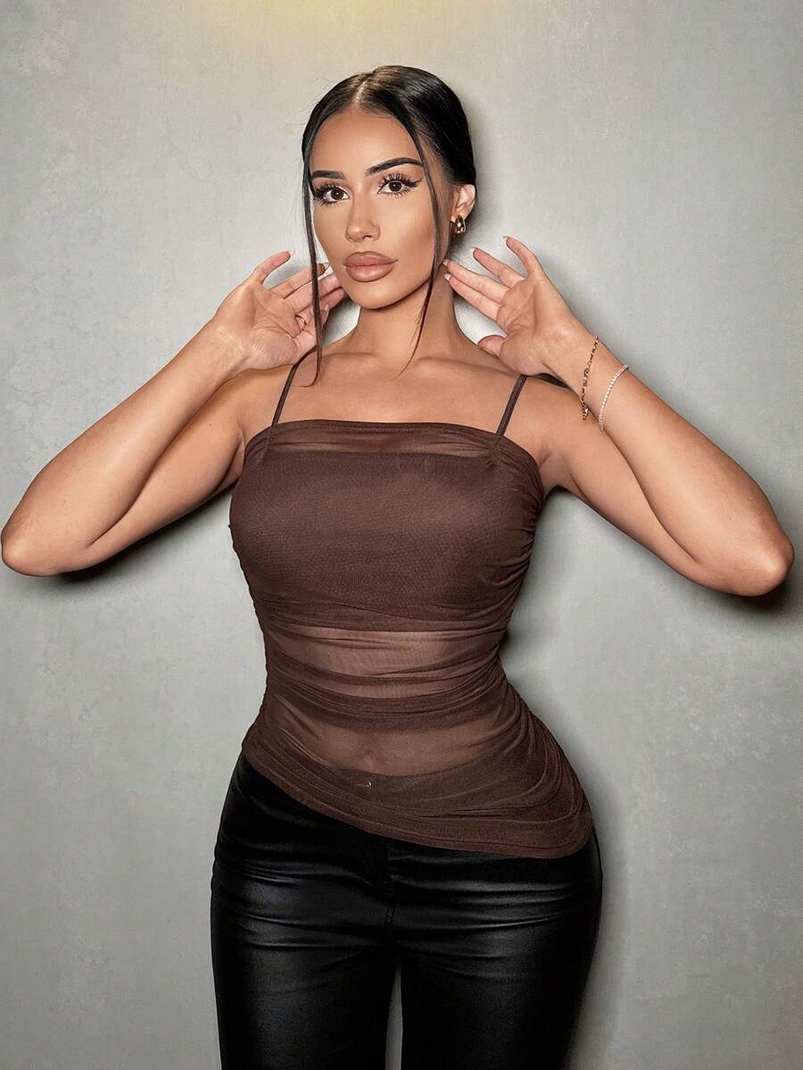 Zolique 女士褶皱透明吊带背心，夏季 - 咖啡棕 - 查看 1