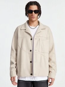 Manfinity VCAY Men's Solid Color Loose Fit Woolen Casual Jacket, Fall Plain Fashion Overcoat For Friends