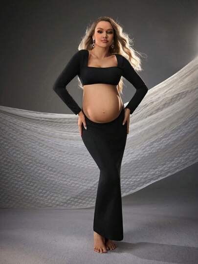 Cheriluna Maternity 孕妇长袖连衣裙，适合孕妇拍摄