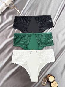 3pcs/Pack Women Solid Color Contrast Lace Briefs - Multicolor - View 4