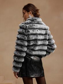 Anewsta Short Length Black & Faded Dual Color Embossed Fuzzy Jacket, Women Cold-Proof Coat