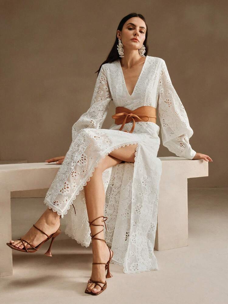 French Hollow-Out Lace V-Neck Long Sleeve Elegant White Dress For Women