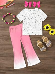 SHEIN ModeFlare Wear 2 chiếc áo phông cổ tròn họa tiết hoạt hình thường ngày cho bé gái trở lại trường và bộ quần ống loe, phù hợp cho mùa hè và mùa thu - Nhiều màu - Xem 2