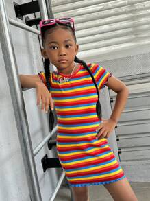 SHEIN Young Girl Knitted Crew Neck Rainbow Striped Casual Dress, Mommy & Me Clothes, Mom And Daughter Matching - Multicolor - View 5
