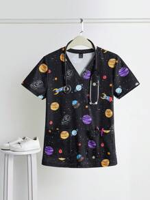 TaskEZ 女士 - 甜心 V 领手术服上衣，女士短袖 V 领护士制服，带 2 个口袋 T 恤印花柔软弹力手术服上衣，女士手术服套装 - 彩色 - 查看 5