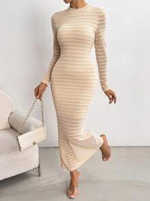 Chiquease Women Textured Knit Bodycon Mini Dress Fall Cloth For Women - Apricot - View 6
