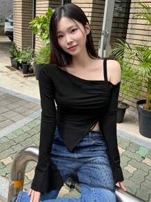 DAZY 女士抽绳露肩不对称休闲宽松衬衫，长袖，返校季露肩上衣