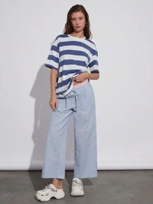 SHEIN EZwear Pantalones anchos tejidos con rayas azules y cuadros rosas de estilo informal para mujer con ajuste holgado