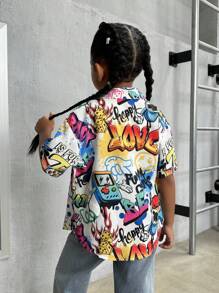 SHEIN 年轻女孩宽松编织涂鸦印花衬衫 - 彩色 - 查看 6