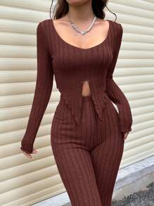 SHEIN Unity 2 件套休闲纯色开叉下摆长袖上衣和喇叭裤套装，春秋 - 咖啡棕 - 查看 4