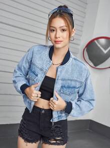 Teenage Girls' Casual Distressed Denim Jacket With Ribbed Splice Design, New Fashion Jean Coat - Medium Wash - View 1